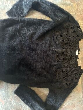 En Creme Black Off-the-Shoulder Furry Sweater with Lace Trim